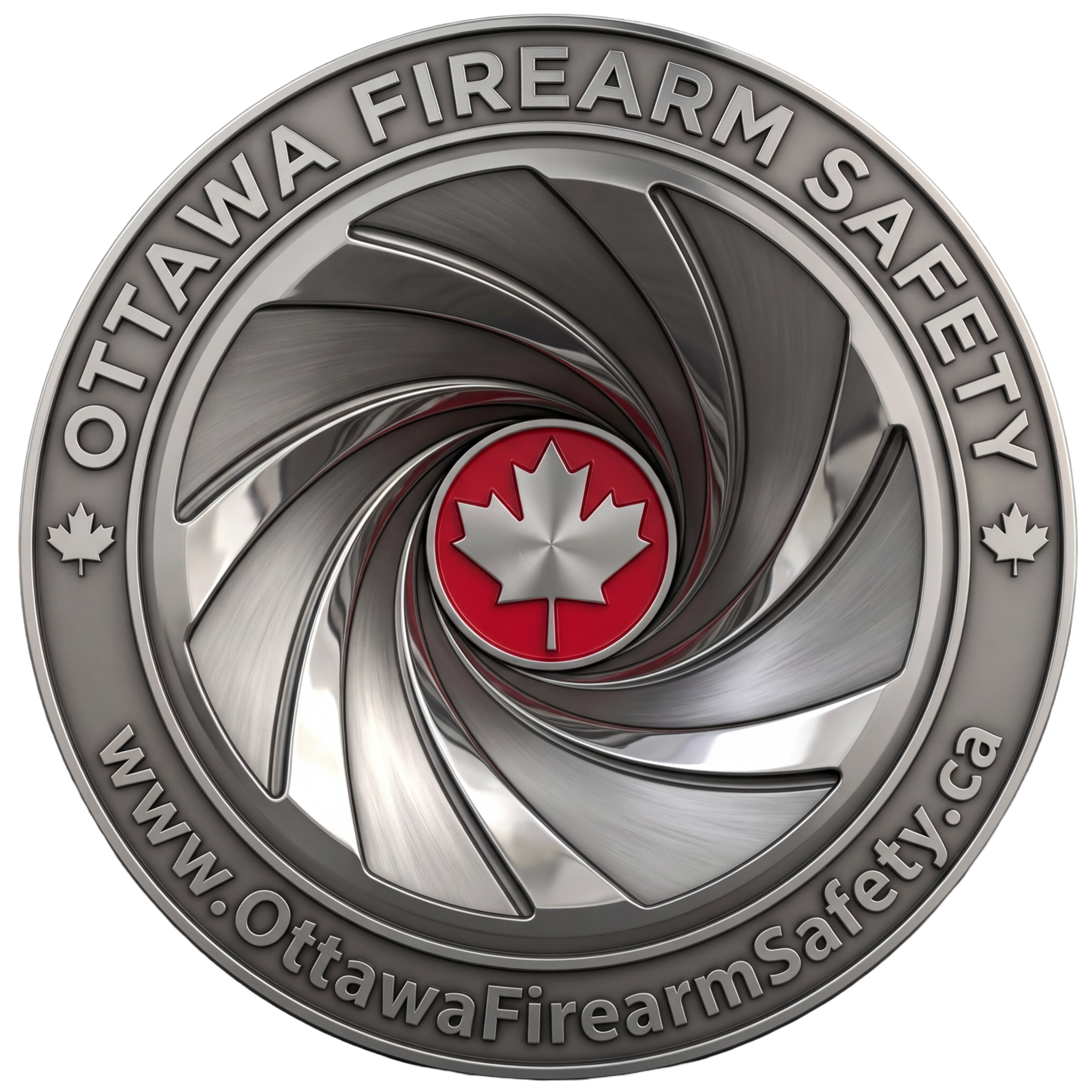 Circular design featuring a helical iris pattern mimicking rifling of a gun barrel with a Canadian maple leaf emblem in the center the company name OTTAWA FIREARM SAFETY around the rim
