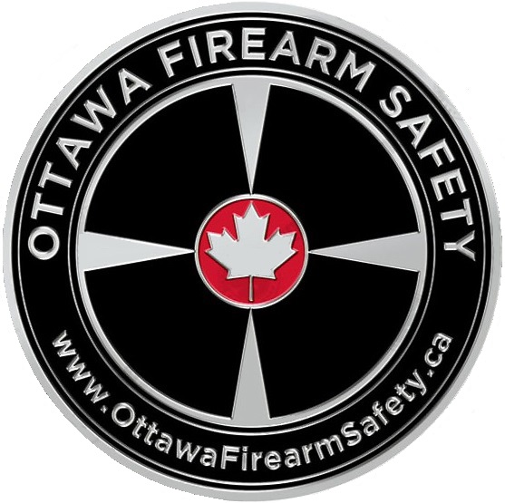 Ottawa Firearm Safety OFS Logo | Ottawa Firearm Safety Ottawa Firearm Safety logo with stylized crosshair with maple leaf and the text OTTAWA FIREARM SAFETY and ottawafirearmsafetyca