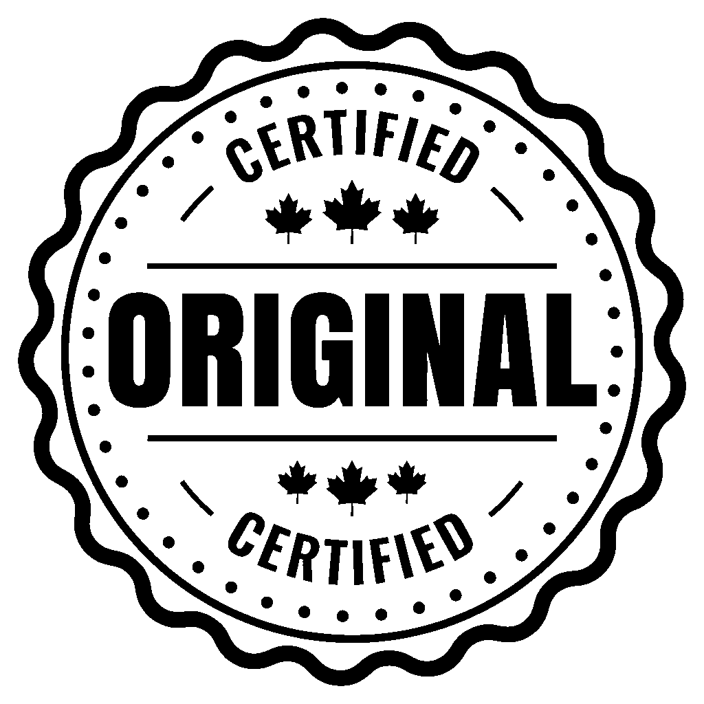 Circular seal badge with bold word ORIGINAL and CERTIFIED text above and below featuring maple leaf icons between lines black and white